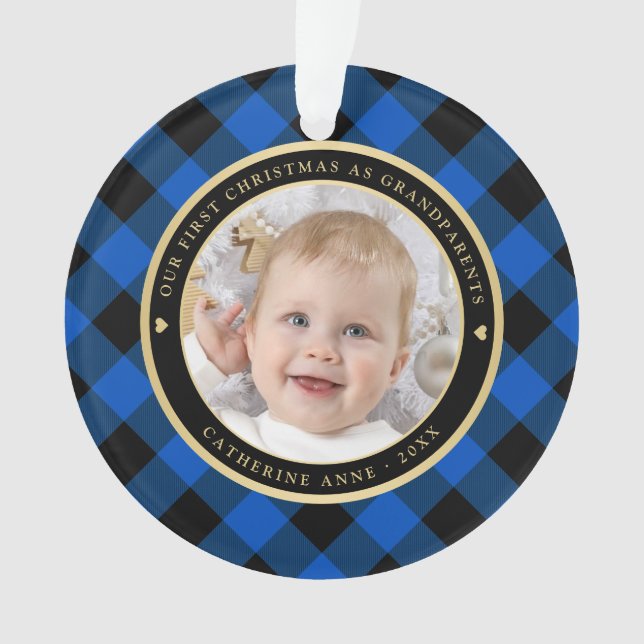 Rustikales Blue Black Kariert First Großeltern Fot Ornament (Vorderseite)