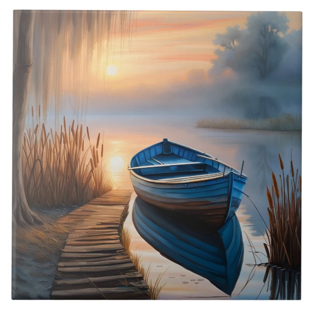 Rustikales Blue Boat bei Sonnenaufgang Fliese (Vorderseite)