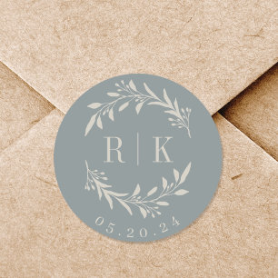 Rustikales Blue Botanical Wreath Wedding Monogram Runder Aufkleber