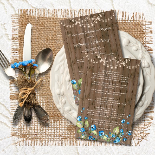 Rustikales Blue Flowers Lights Quinceanera Program (Von Creator hochgeladen)