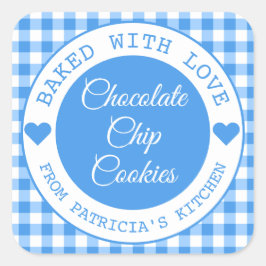 Rustikales Blue Gingham gebacken mit Liebe Cookies Quadratischer Aufkleber