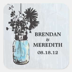 Rustikales Blue Mason Jars mit Wildblumen Quadratischer Aufkleber