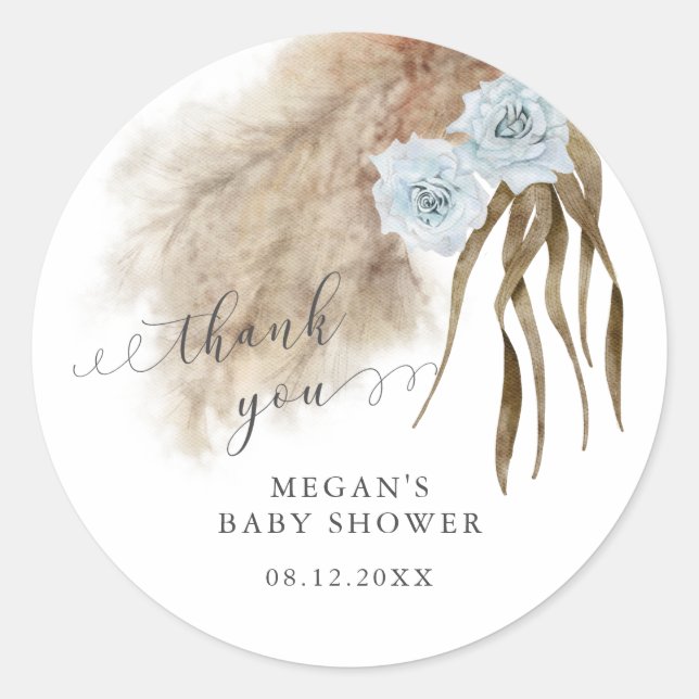 Rustikales Blue Pampas Grass Baby Dusche Runder Aufkleber (Vorderseite)