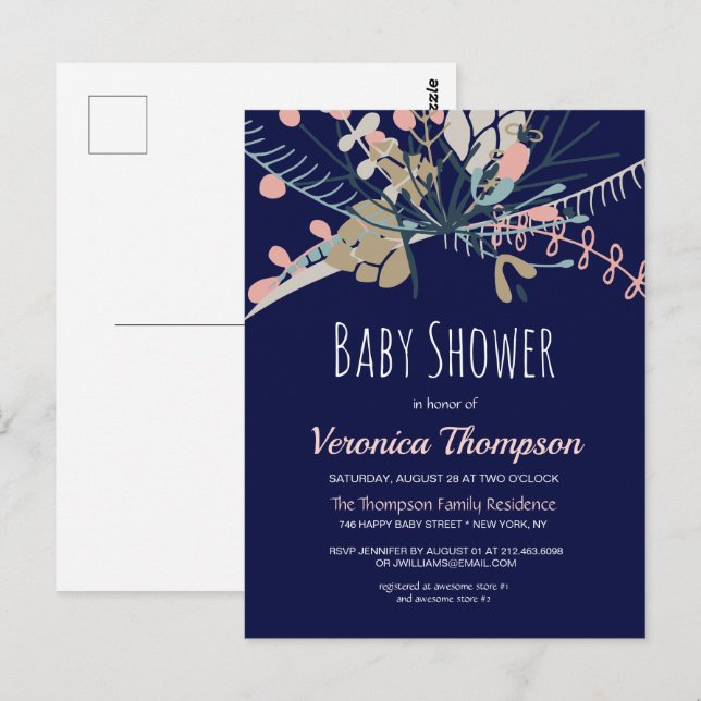 Rustikales Blue & Pastel Botanical Baby Dusche ein Postkarte (Vorne/Hinten)