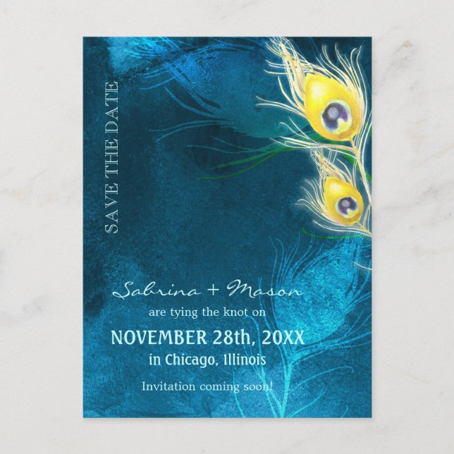 Rustikales Blue Peacock Wedding rettet das Datum Ankündigungspostkarte (Vorderseite)