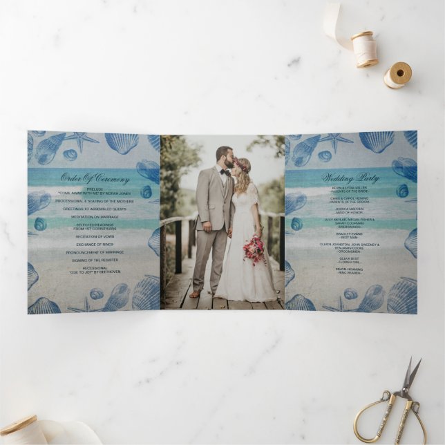 Rustikales Blue Seashells Beach Wedding Foto Dreifach-gefaltete Programmkarte (Innenseite)