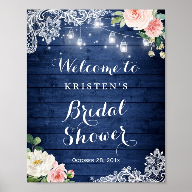 Rustikales Blue String Light Floral Brautparty Sig Poster (Vorne)