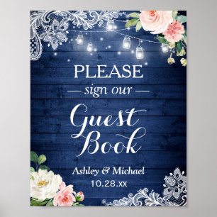 Rustikales Blue String Lights Floral Sign Guestboo Poster
