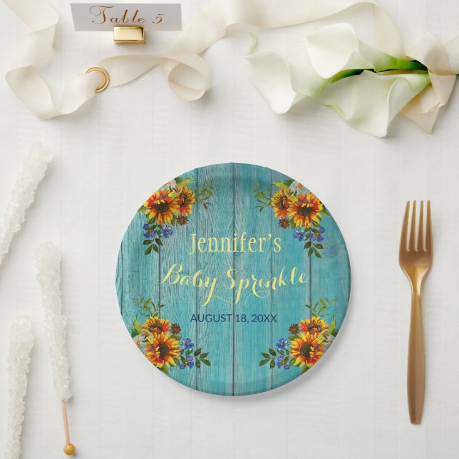 Rustikales Blue Sunflower Baby Sprinkle Party Pappteller (Hochzeit)