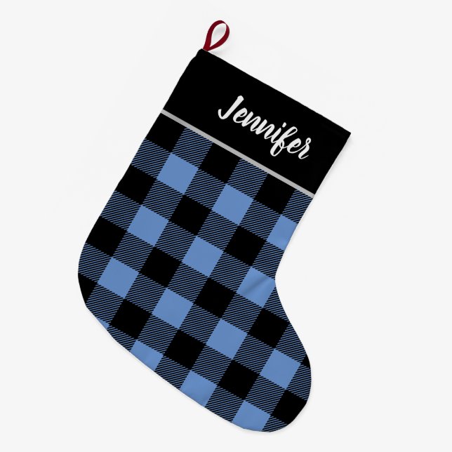 Rustikales Blue und Black Buffalo Karo Monogram Großer Weihnachtsstrumpf (Vorderansicht (hängend))