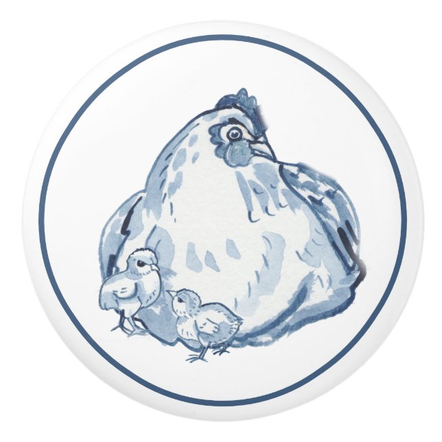 Rustikales Blue & White Chicken Hen Country Delft Keramikknauf (Vorderseite)