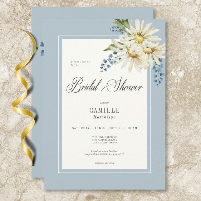 Rustikales Blue & White Daisies Brautparty Einladung (Rustic Blue & White Daisies Bridal Shower Invitation)