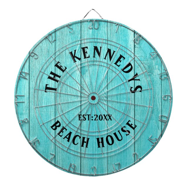 Rustikales Blue Wood Beach Haus Familienname Dartscheibe (vorne)