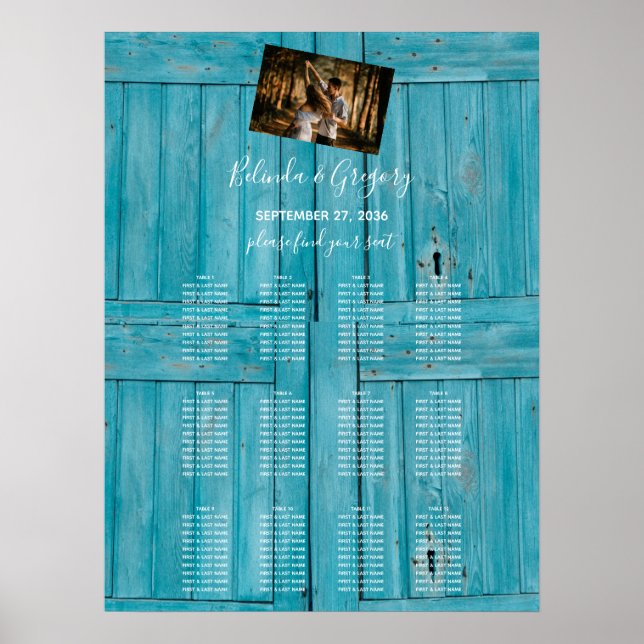 Rustikales Blue Wood Foto Hochzeitsdiagramm Poster (Vorne)
