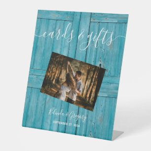 Rustikales Blue Wood Foto Hochzeitskarten Geschenk Sockelschild