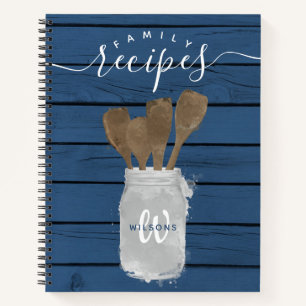 Rustikales Blue Wood Jar Spoon Familienrezepte Koc Notizbuch