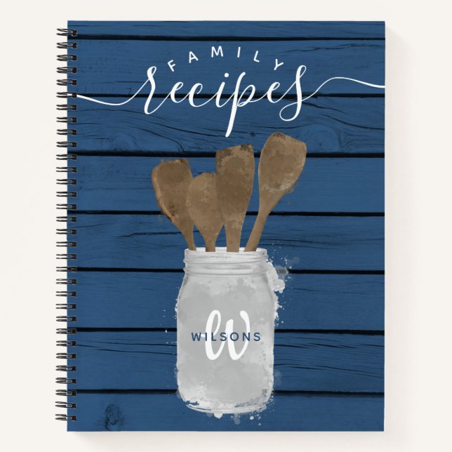 Rustikales Blue Wood Jar Spoon Familienrezepte Koc Notizbuch (Vorderseite)
