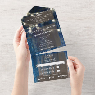 Rustikales Blue Wood & Lights Barn Wedding All In One Einladung