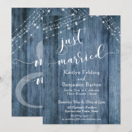 Rustikales Blue Wood & Lights Just Married Event Einladung