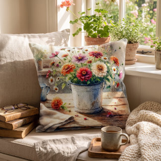 Rustikales Blumen-Eimer-Stillleben Kissen
