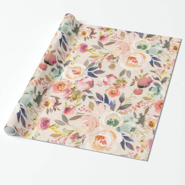 Rustikales Blumen Vintagen Elfenbeinrosabraun Geschenkpapier (Ungerollt)