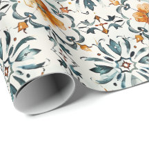 Rustikales Blumenfliesen-Wrap-Papier, Orange & Tür