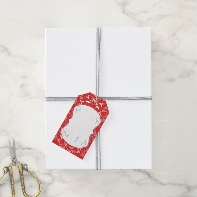 Rustikales Blumengarten Folklore Rentier Muster Geschenkanhänger (Mit Garn)