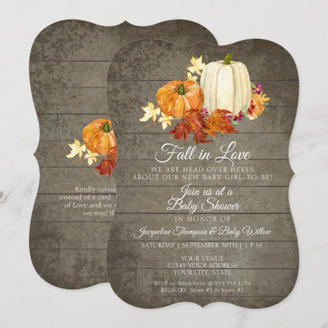 Rustikales Blumengrauholz Pumpkins Girl Babydusche Einladung (Vorne/Hinten)