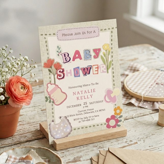 Rustikales Blumenhandbuch Babydusche Einladung (Rustic Floral Scrapbook Collage Baby Shower Invitation )