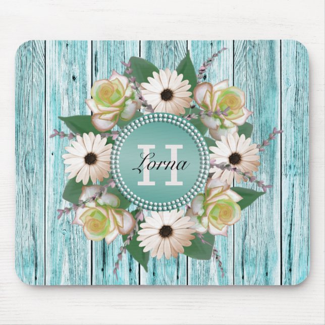 Rustikales Blumenholz Monogramm Mousepad (Vorne)