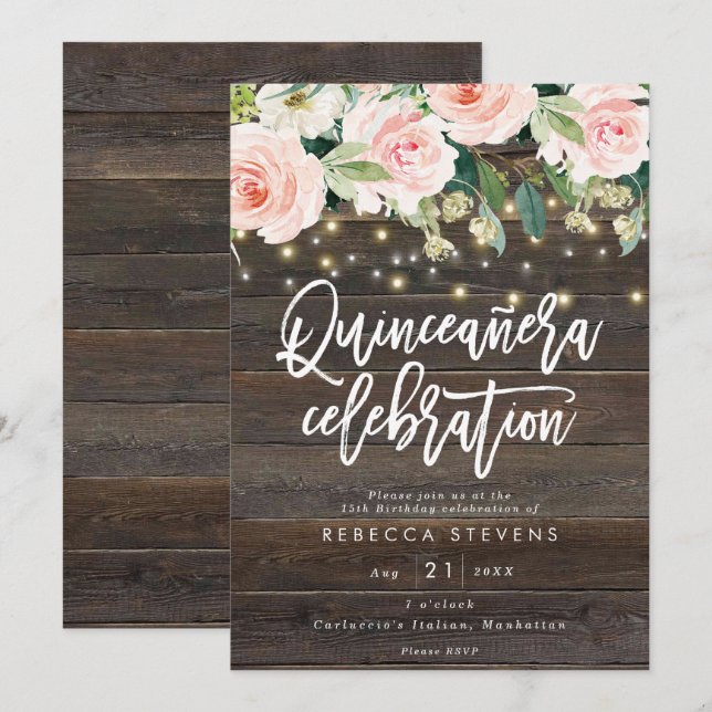 rustikales Blumenholz Quinceanera 15. Geburtstag Einladung (Vorne/Hinten)