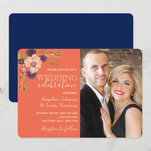 Rustikales Blumenkorallen und Navy Blue Wedding Fo Einladung