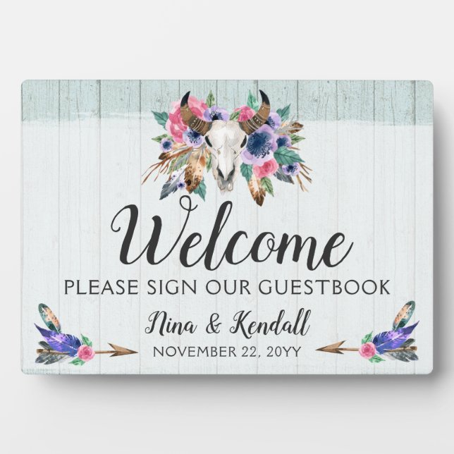 Rustikales Blumenkuh Skull Boho Hochzeitssymbol Fotoplatte (Vorderseite)