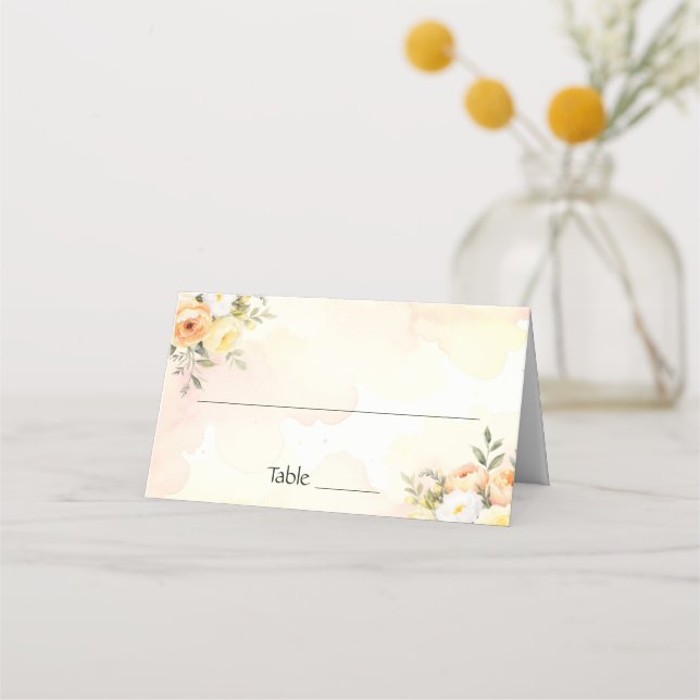 Rustikales Blumenpfirsichgelb Rosen Hochzeitsempfa Platzkarte (Vorderseite)