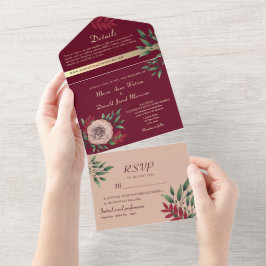 Rustikales Blumenrosa und Burgunder Hochzeit All In One Einladung