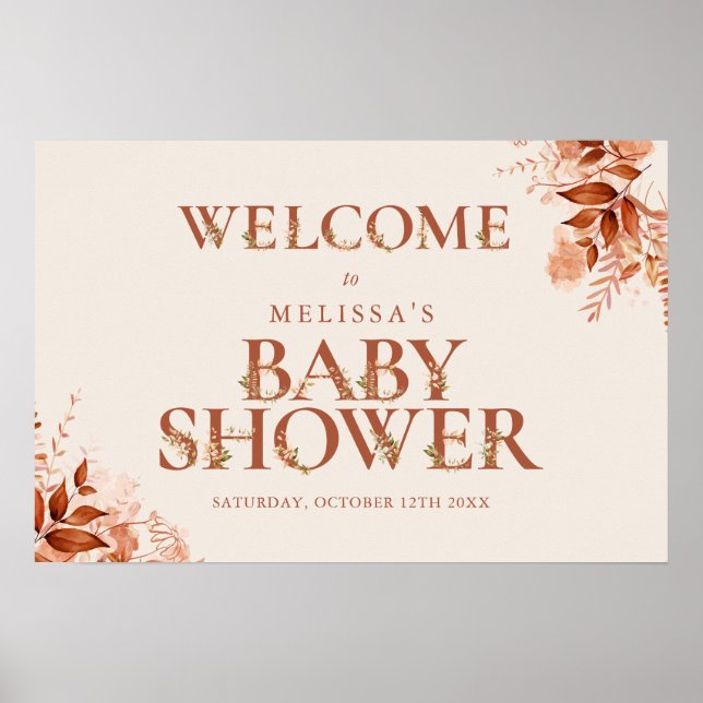 Rustikales Blumenschreiben Fall Babydusche Begrüßu Poster (Vorne)