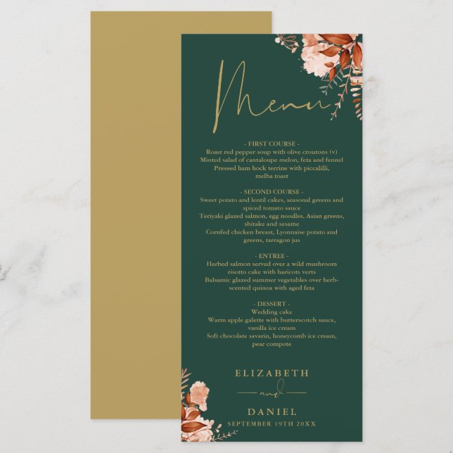 Rustikales Blumensmarald und Gold Hochzeitsessen Menükarte (Vorne/Hinten)