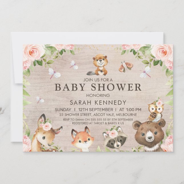 Rustikales Blumenwaldland Girls Babydusche Einladung (Vorderseite)