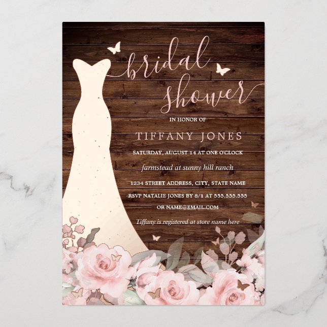 Rustikales Blush Blumenkleid Rose Gold Brautparty Folieneinladung (Vorderseite)