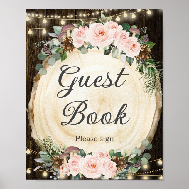 Rustikales Blush Floral verzaubertes Wald Gästebuc Poster (Vorne)