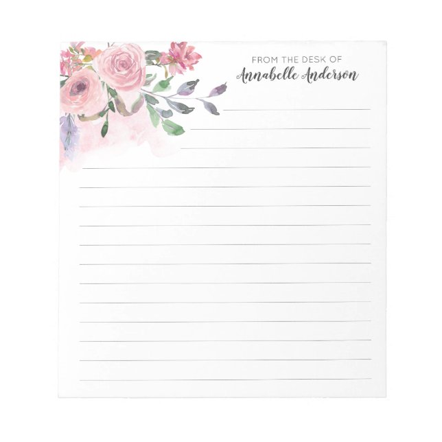 Rustikales Blush Pastellfarben Pink Floral Wasserf Notizblock (Vorderseite)