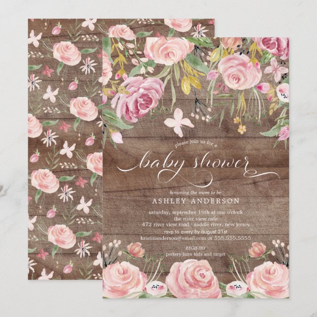 Rustikales Blush Pink Aquarell Bläsernchen Babydus Einladung (Vorne/Hinten)