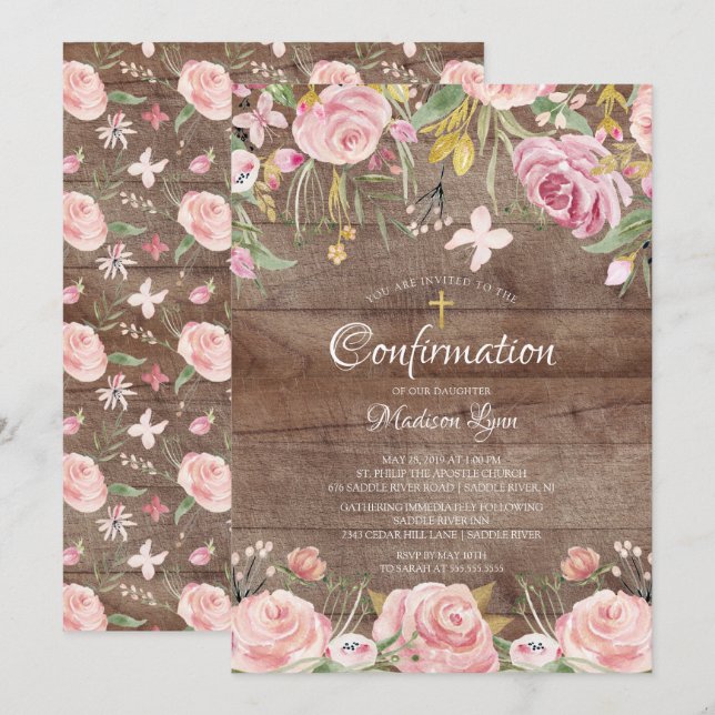 Rustikales Blush Pink Floral & Gold Cross Bestätig Einladung (Vorne/Hinten)
