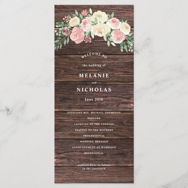 Rustikales Blush Pink Floral Wedding Programm (Vorderseite)