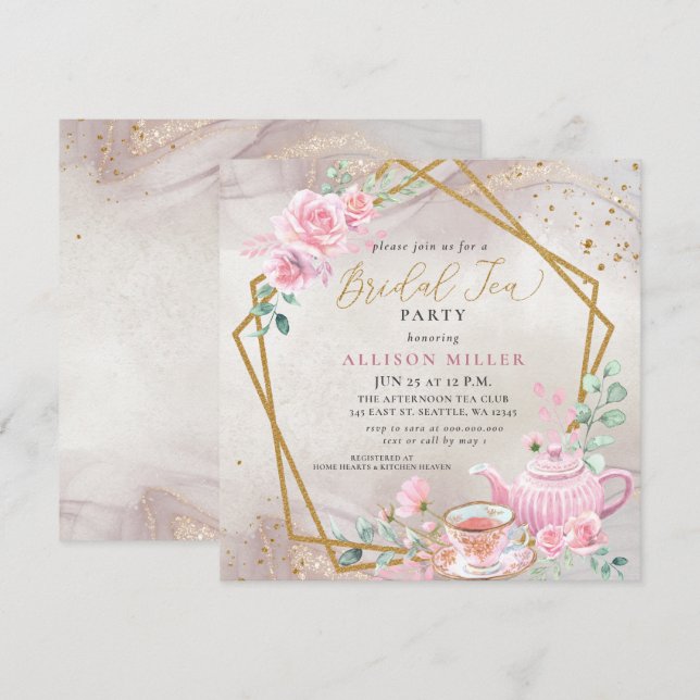 Rustikales Blush Rose Gold Tee Party Brautparty Einladung (Vorne/Hinten)