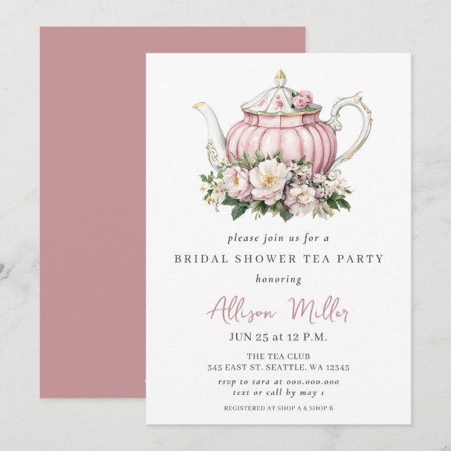 Rustikales Blush Rose Gold Tee Party Brautparty Einladung (Vorne/Hinten)