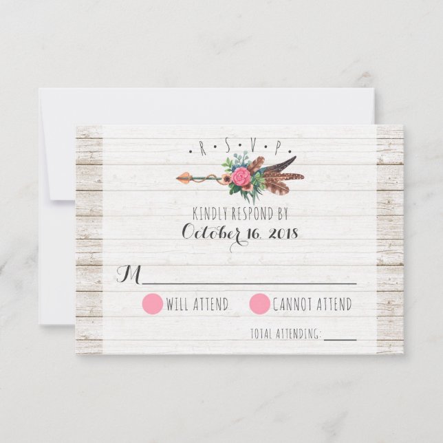 Rustikales Bohemisch Feathers Arrow Wedding RSVP Karte (Vorderseite)