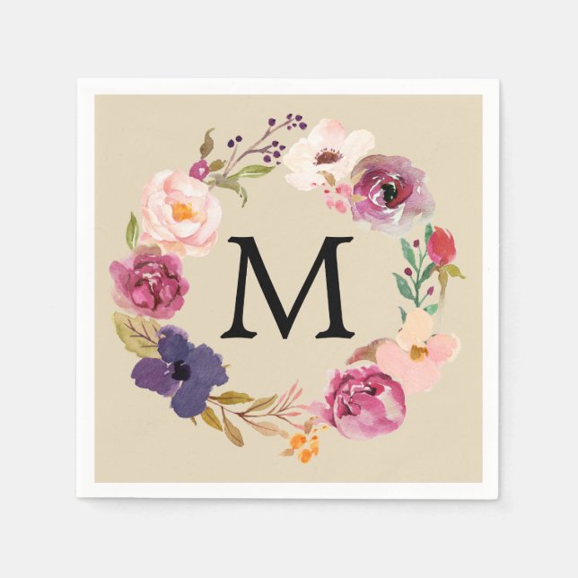 Rustikales Boho Aquarellfarben-Blumenmuster-Monogr Serviette (Vorderseite)