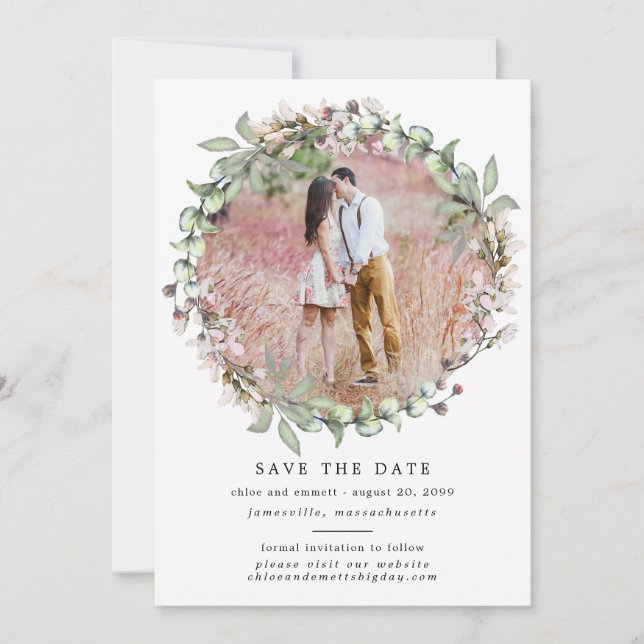 Rustikales Boho Botanical Wreath Foto Wedding Save The Date (Vorderseite)