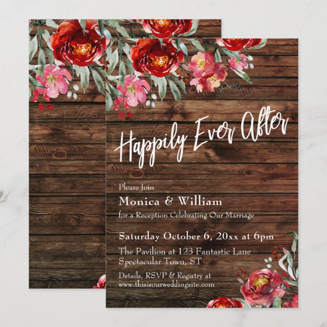 Rustikales Boho Burgundy Red Floral glücklich je n Einladung (Vorne/Hinten)